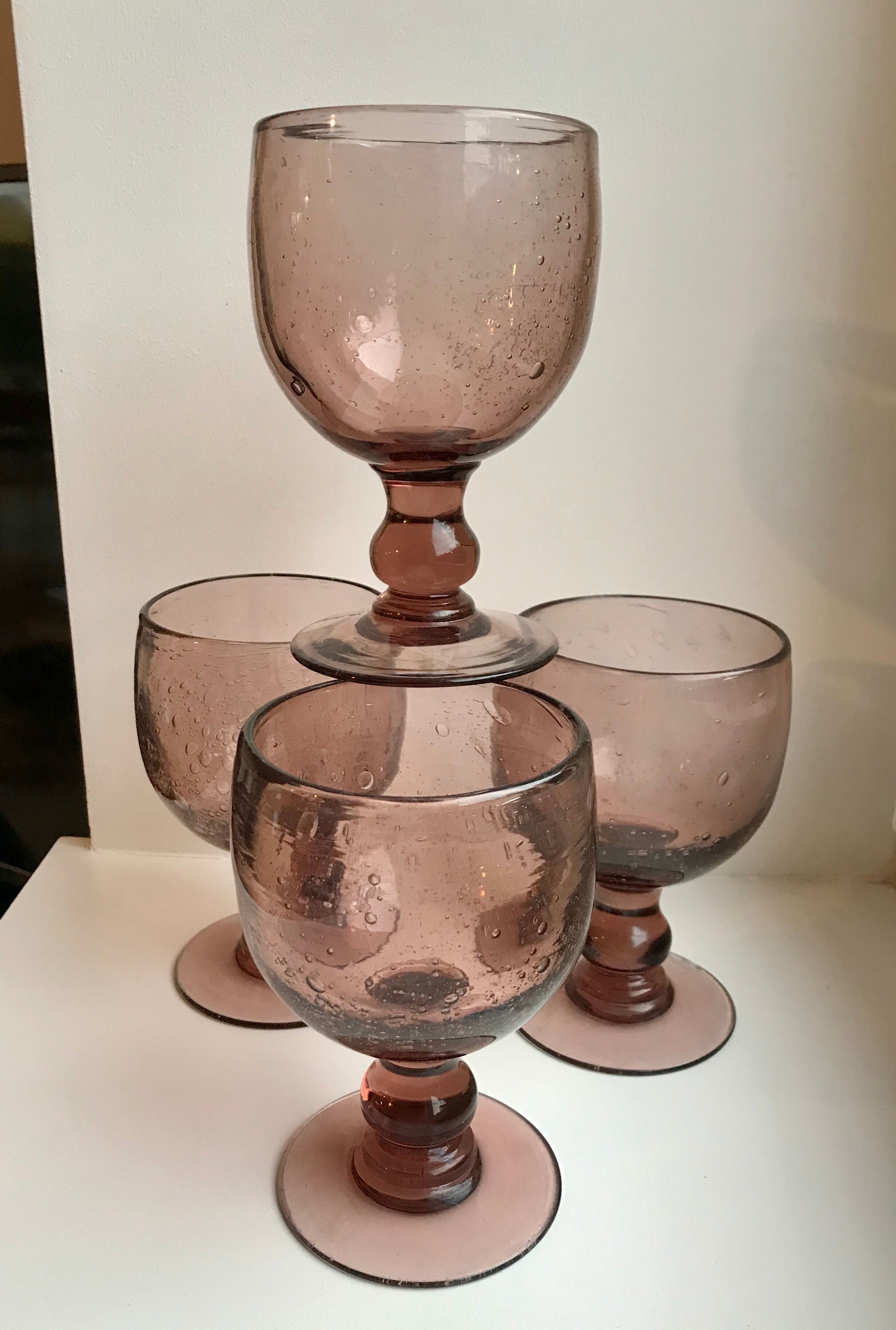 Set of 4 glasses with bubbled glass stems from biot violets 70s
