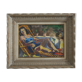 Painting of a woman in a bikini on a sun lounger signed Raissac