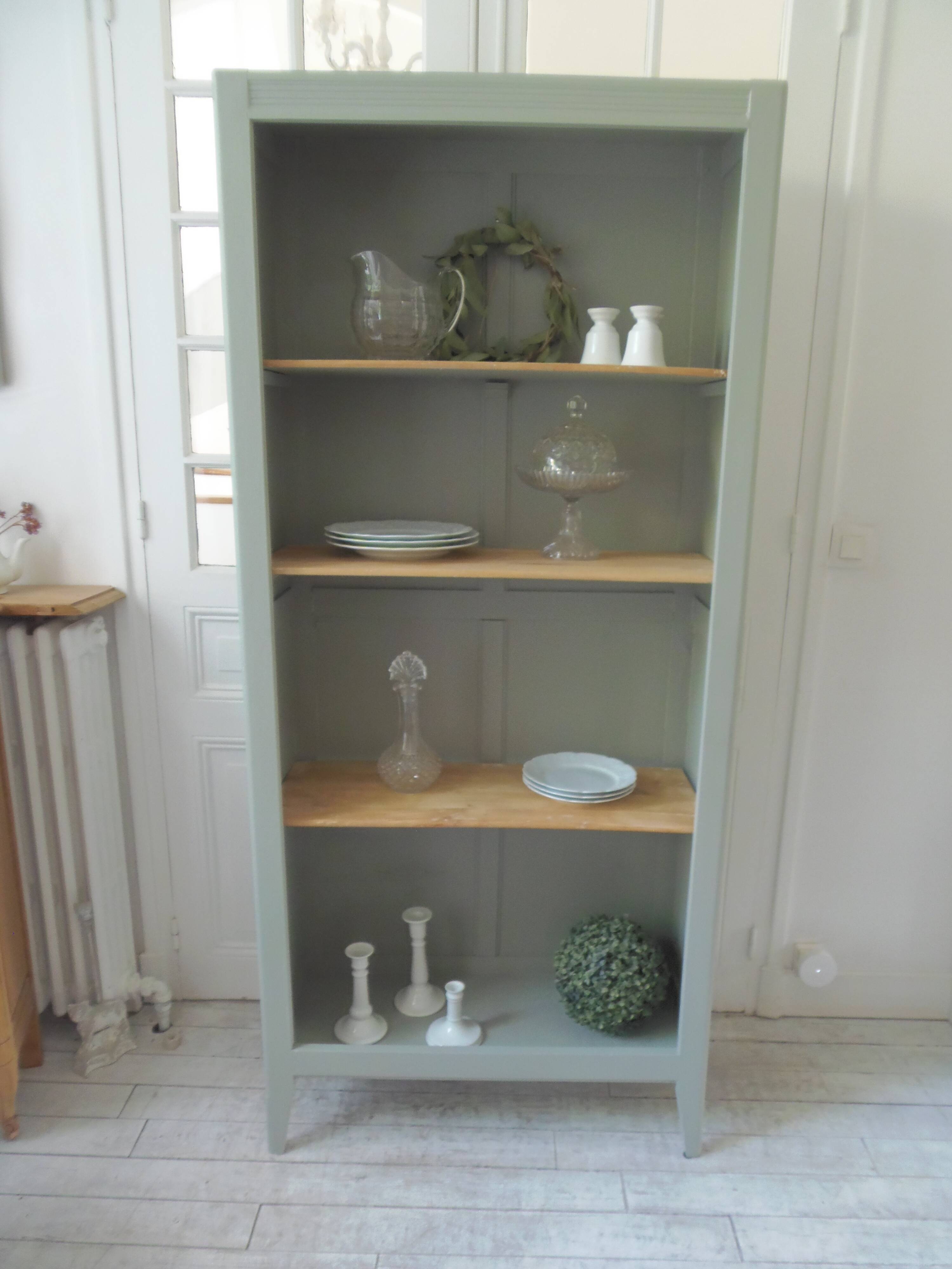Vintage shallow bookcase re-enchanted in verdigris.