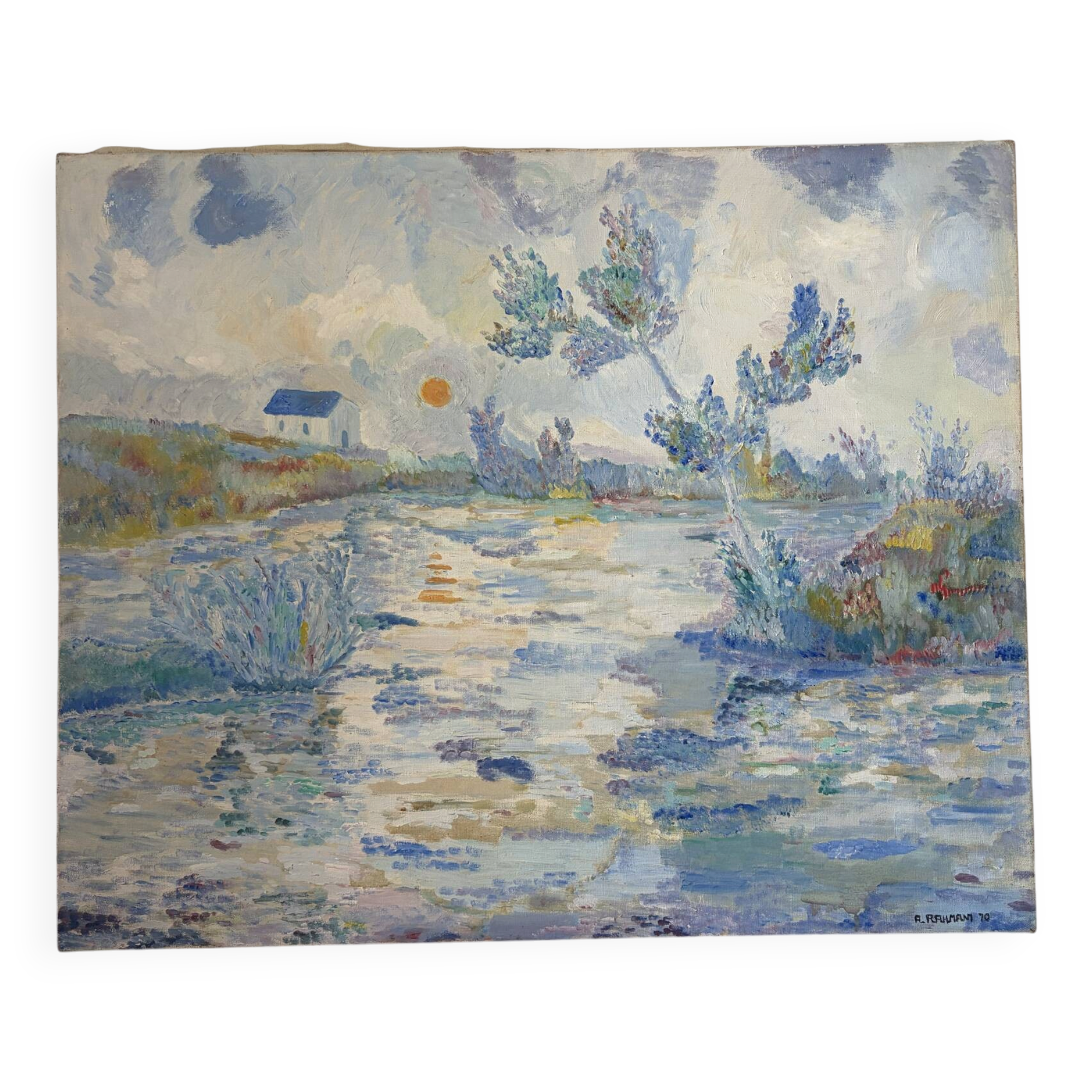 Blue landscape, riverbank, oil on canvas signed 1970