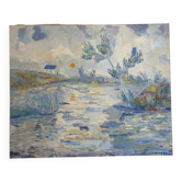 Blue landscape, riverbank, oil on canvas signed 1970
