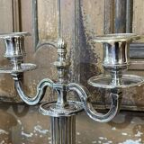 Pair of 2-branched candlesticks in silver metal