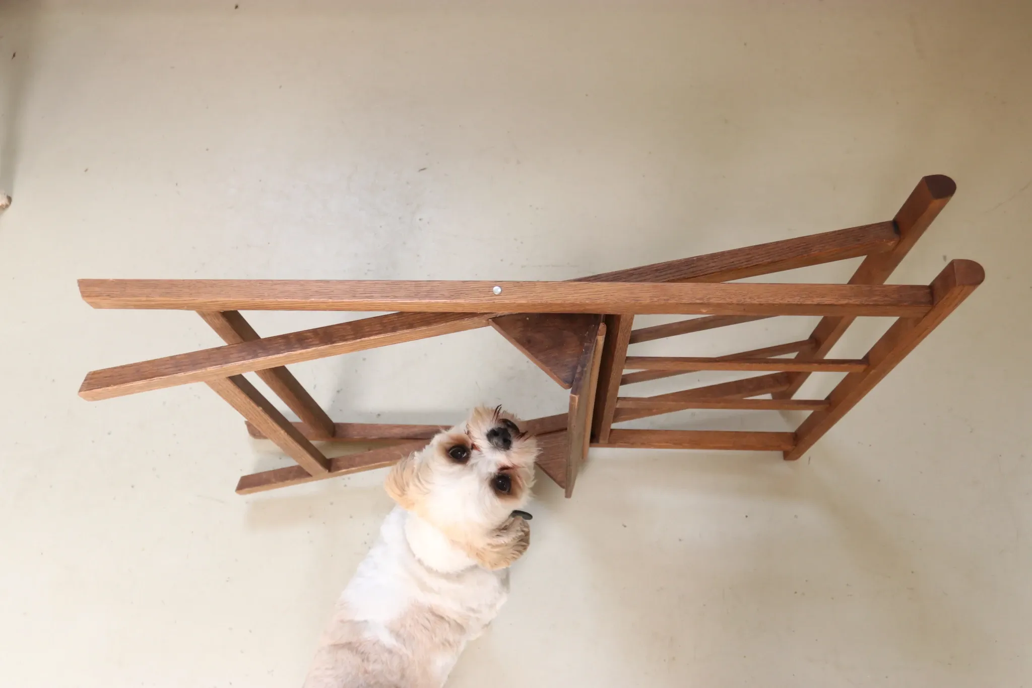 Folding oak magazine rack with slats – vintage magazine stand, mid-20th c.