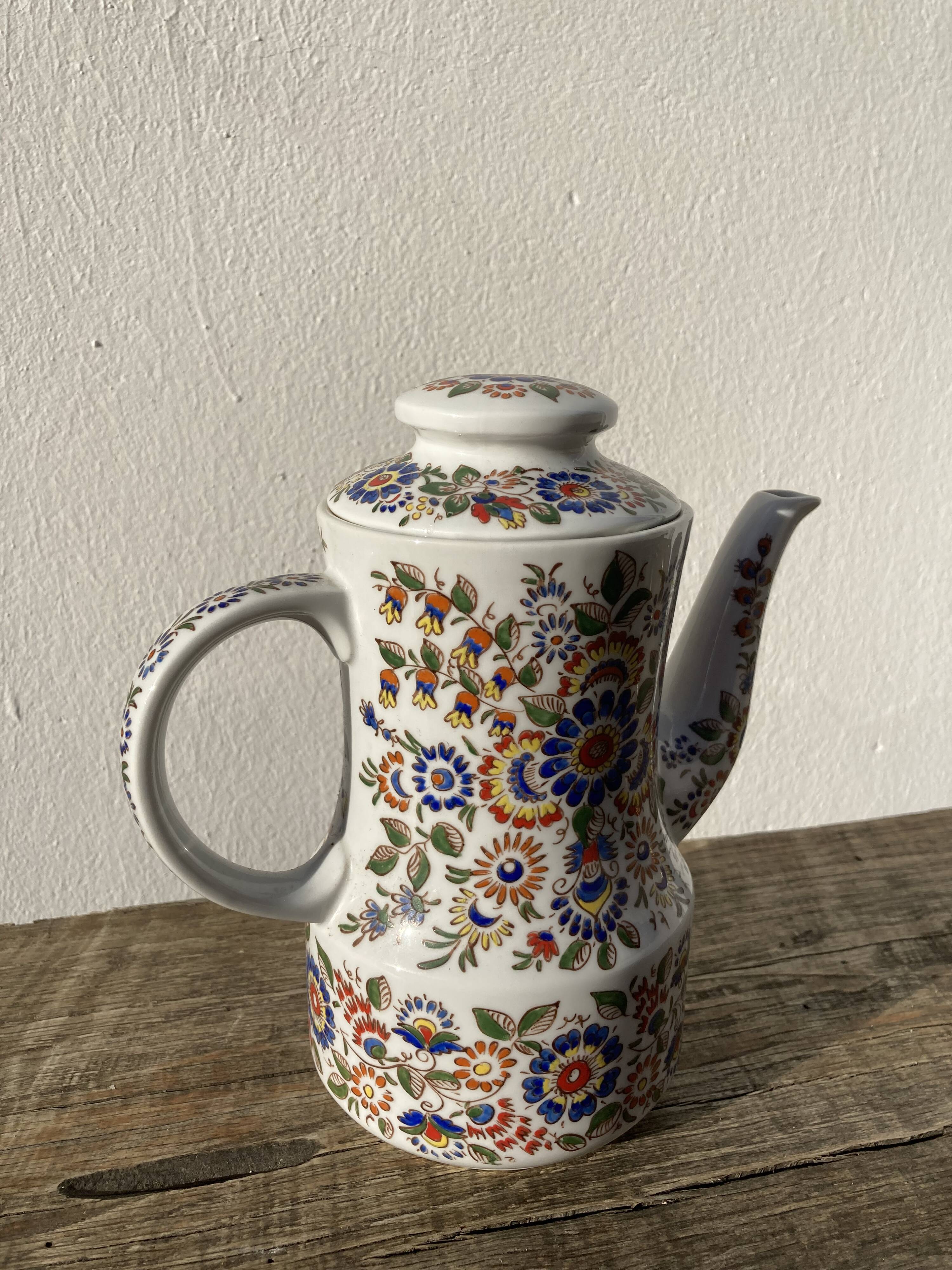 White hand-painted porcelain teapot with flowers Poland 1970s