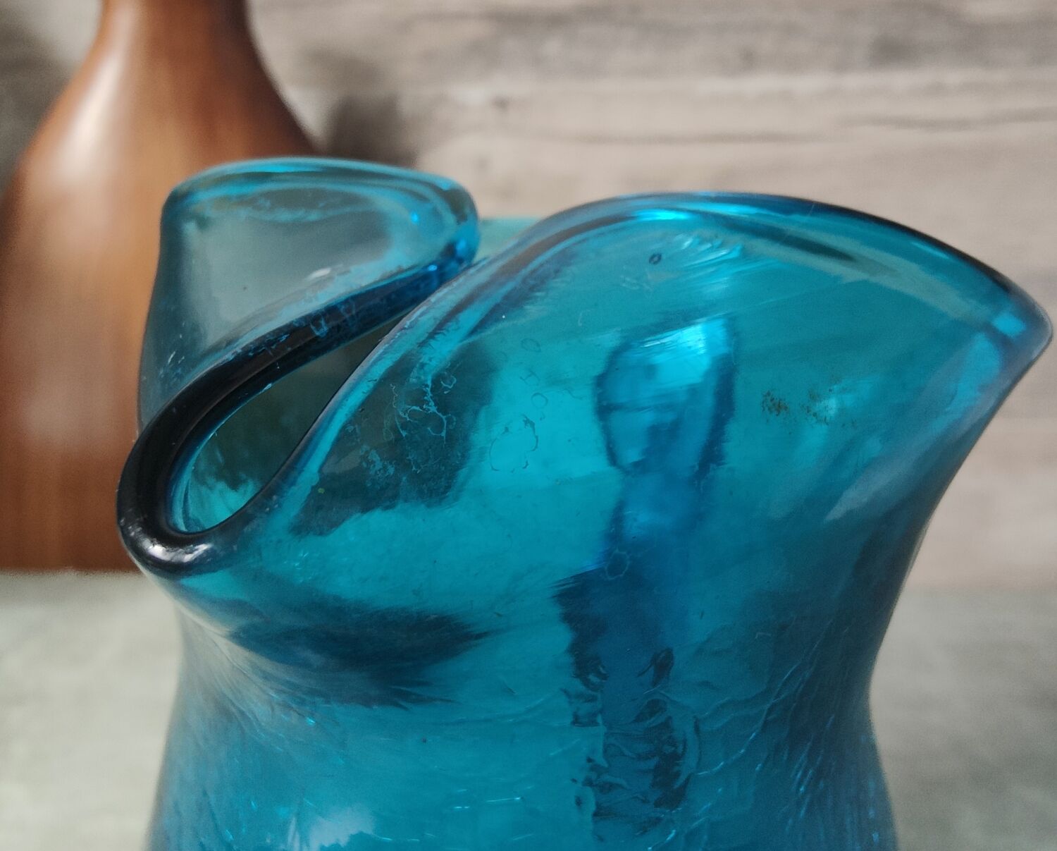 Blue cracked glass pitcher