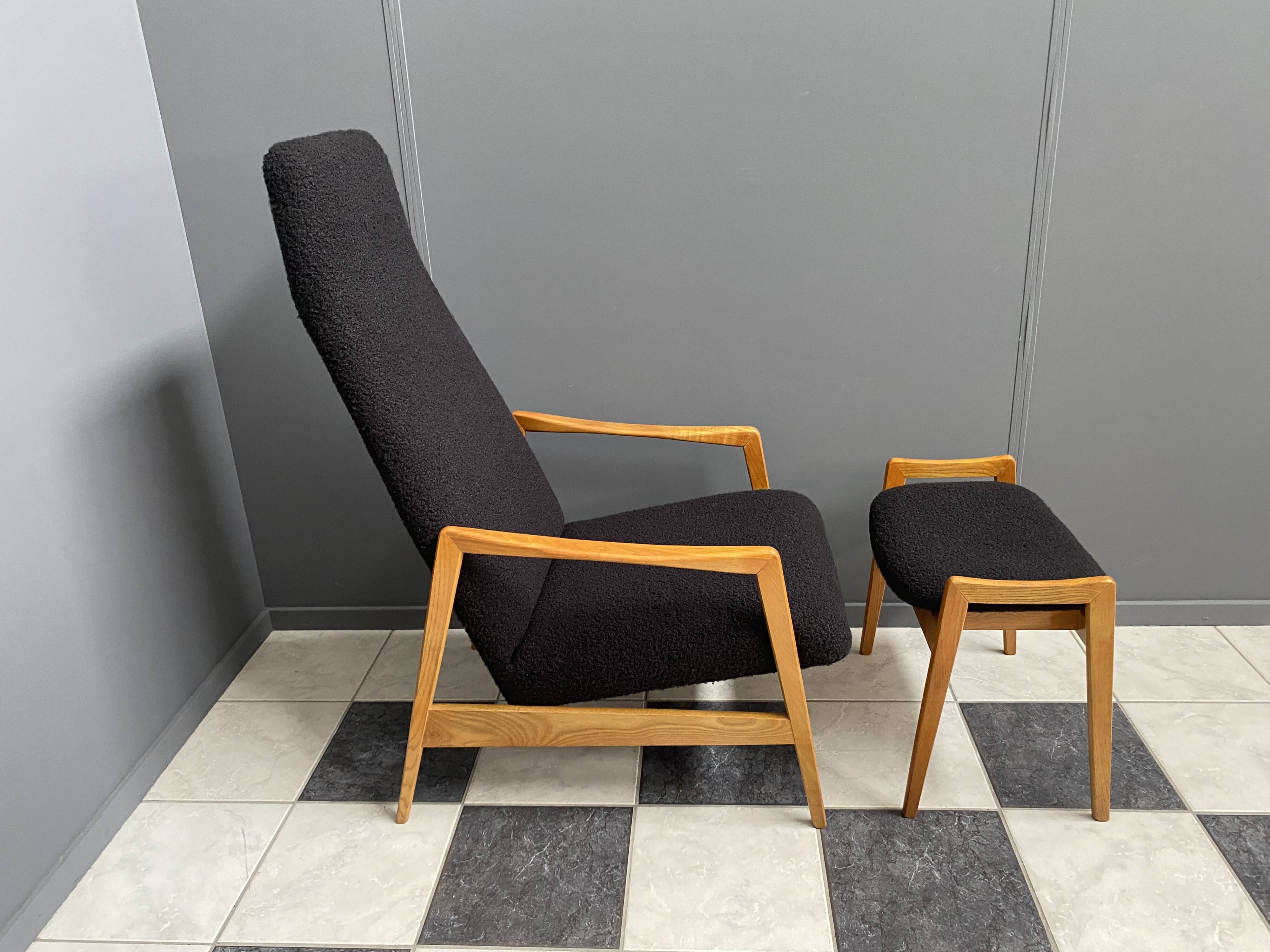Highback chair with ottoman in black boucle