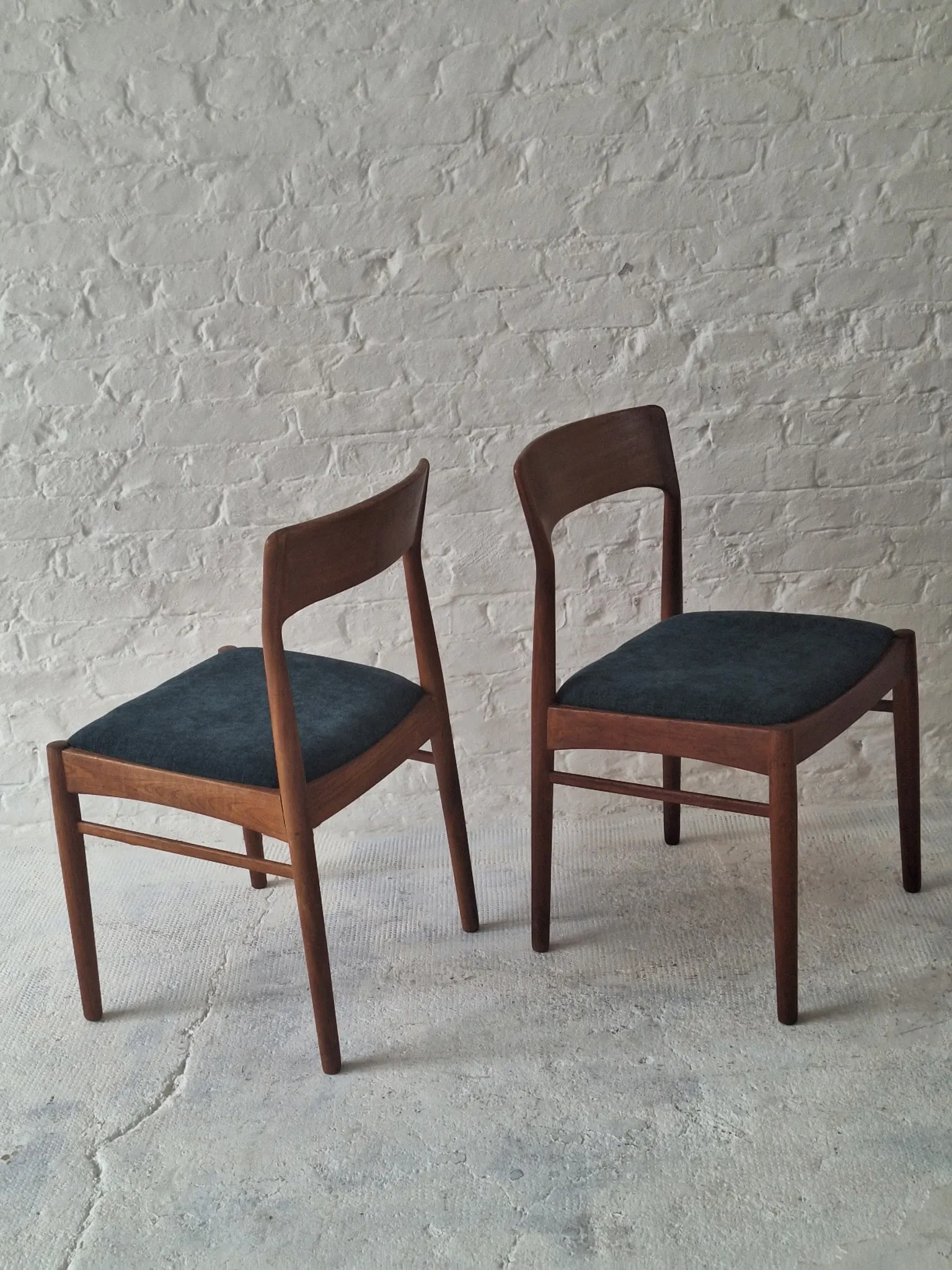 Pair of Henning Kjaernulf teak dining chairs sea blue-green, Denmark 1960s