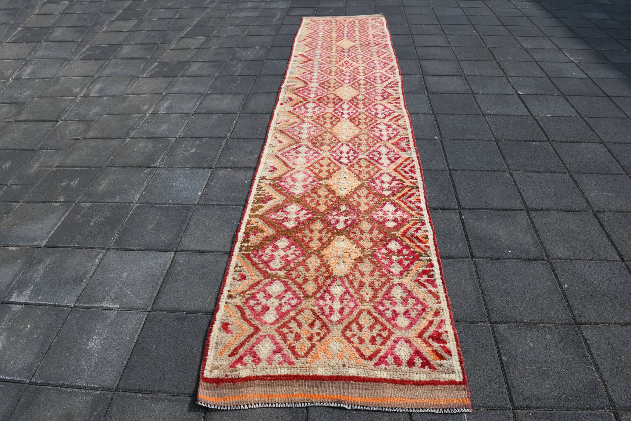 Tapis de Couloir Turc Vintage, Laine Rouge & Beige Géométrique, 83x388 Cm