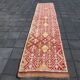 Tapis de Couloir Turc Vintage, Laine Rouge & Beige Géométrique, 83x388 Cm