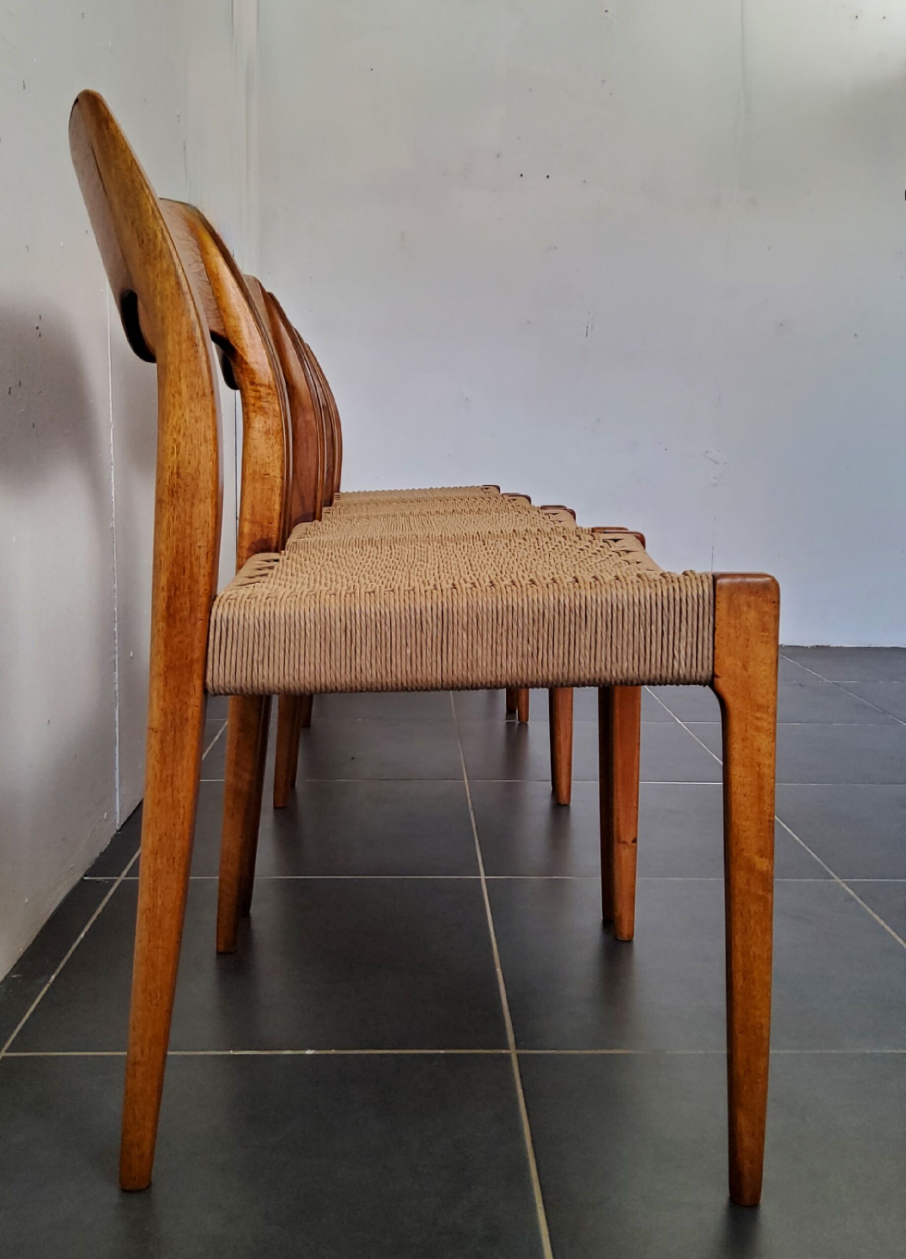 4 Scandinavian chairs by Niels Otto Møller, Danish design, 1950s, wood and rope