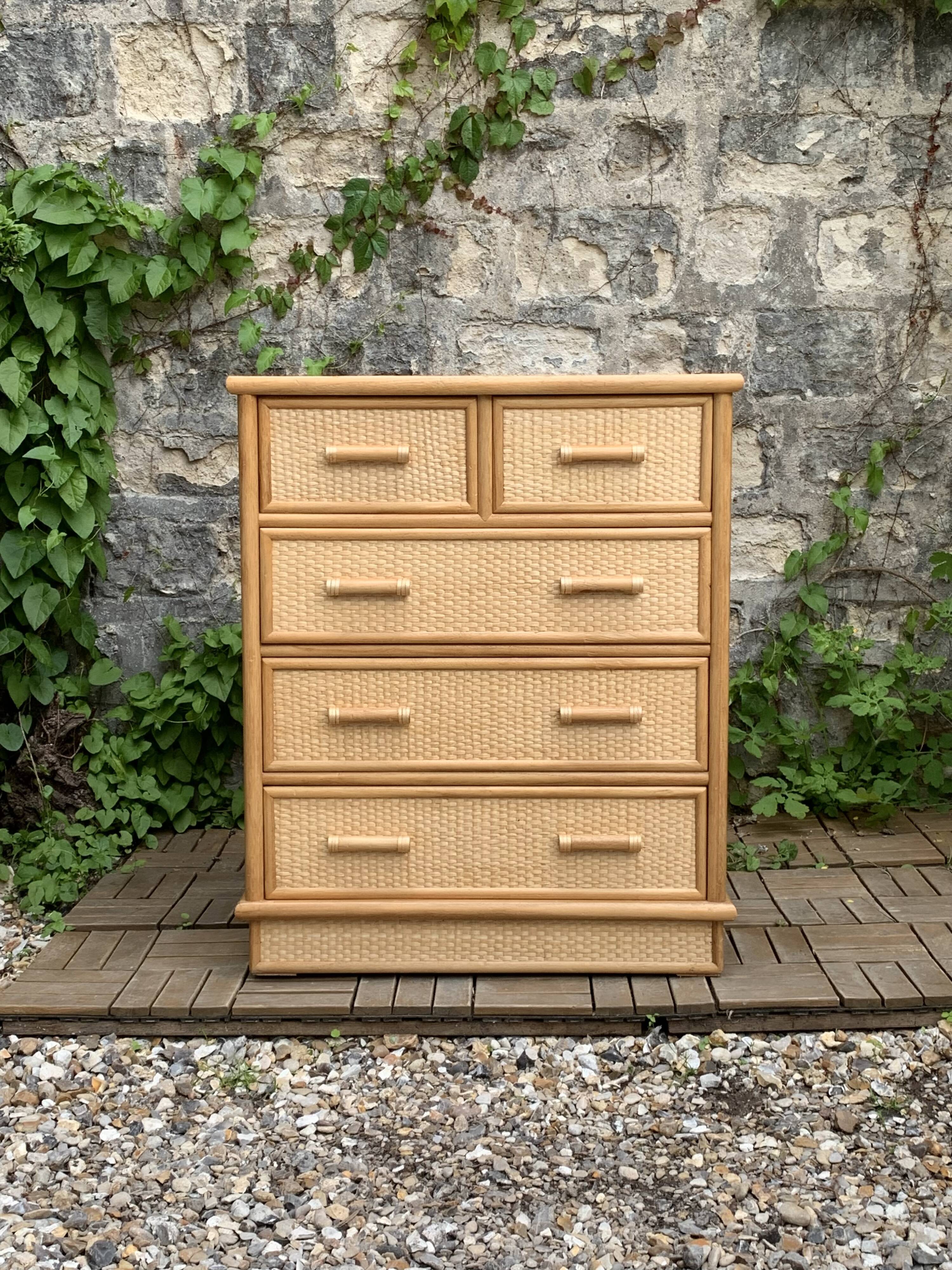 Vintage rattan and woven wicker chest of drawers 1970