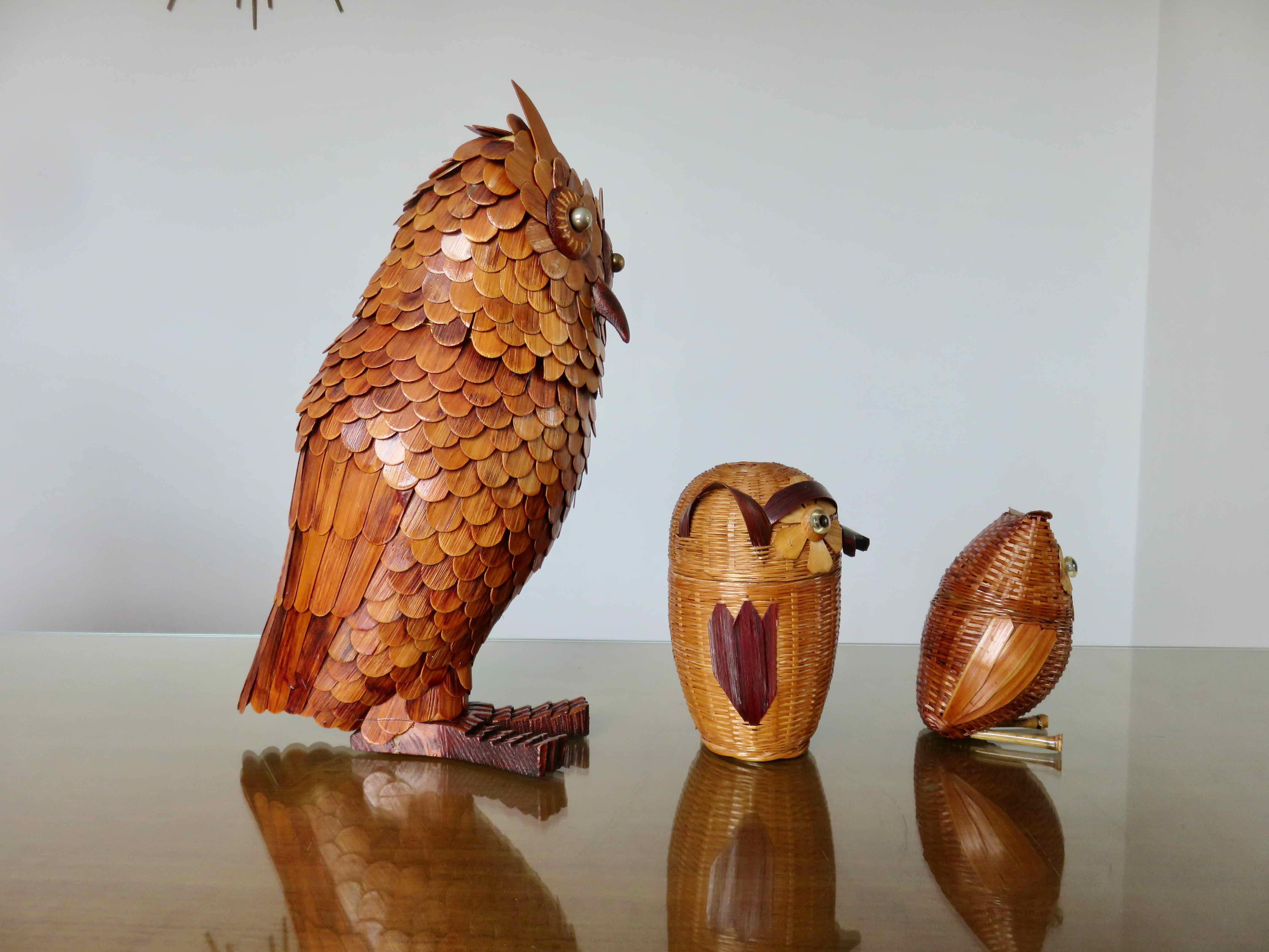 Set of 3 boxes "owl" bamboo 70s