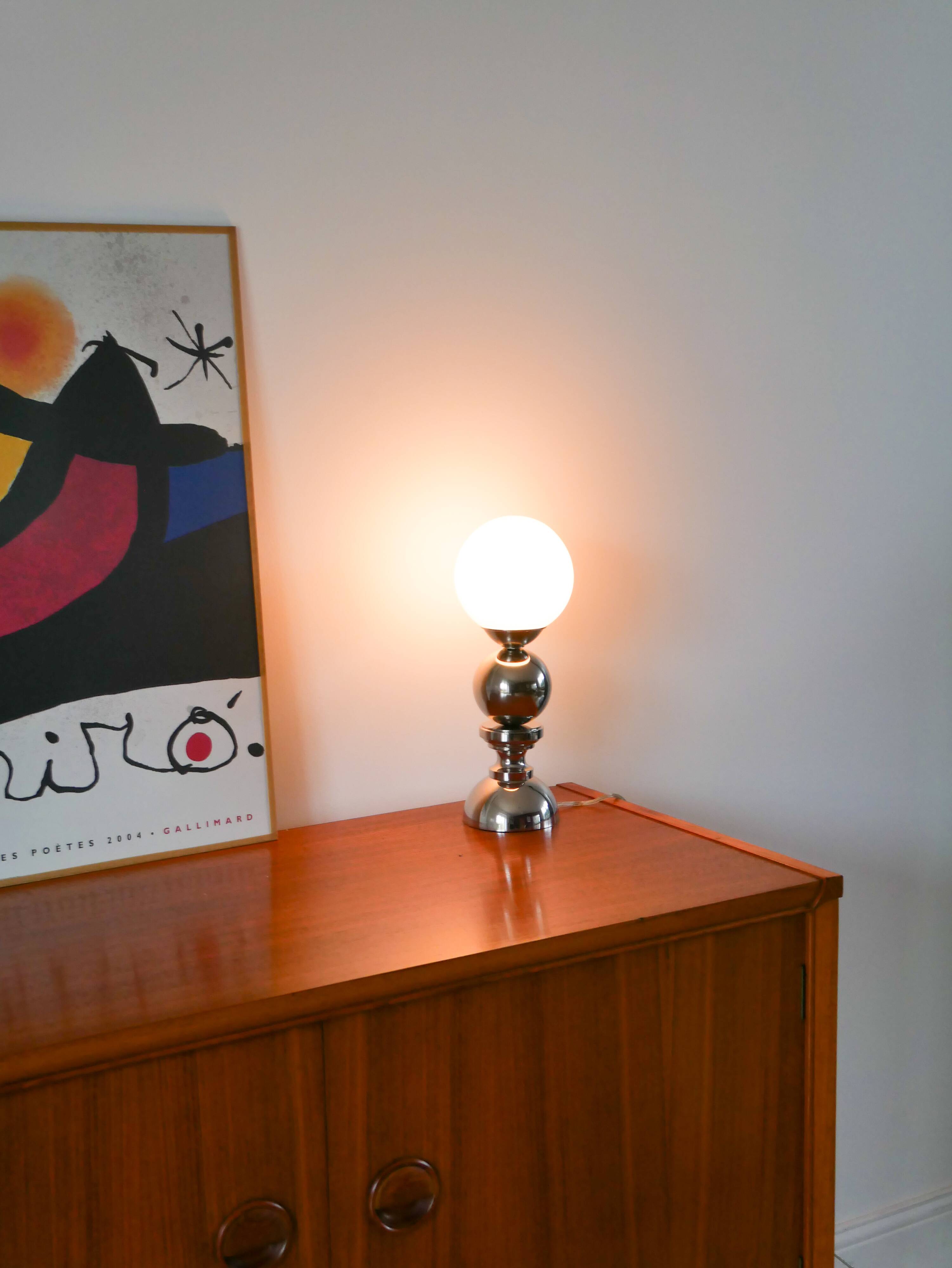 Chromed metal lamp and opaline globe, Space Age Design, 1970