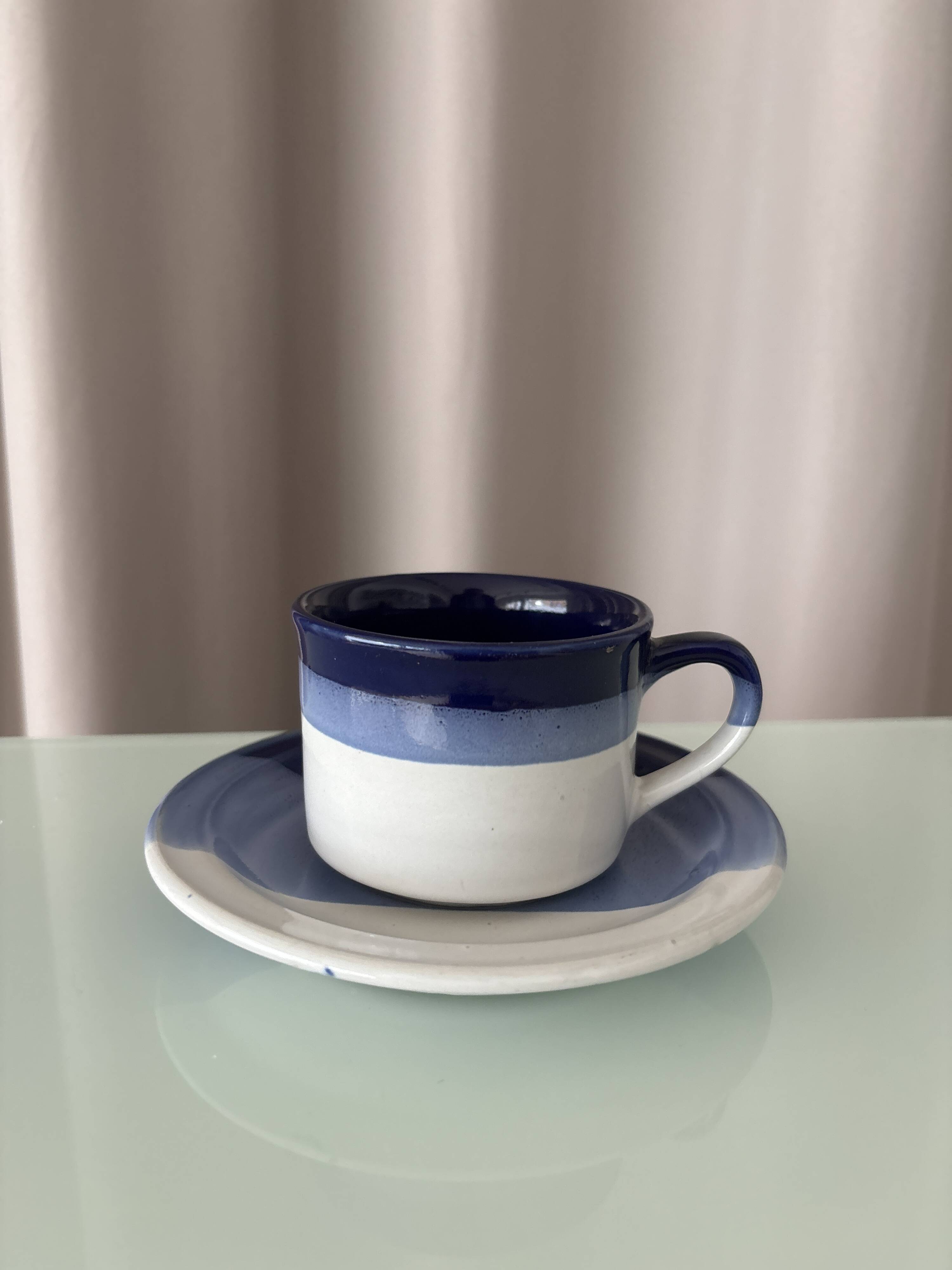 Set of 4 Vintage Studio Pottery Cups & Saucers – Hand Glazed Blue & White