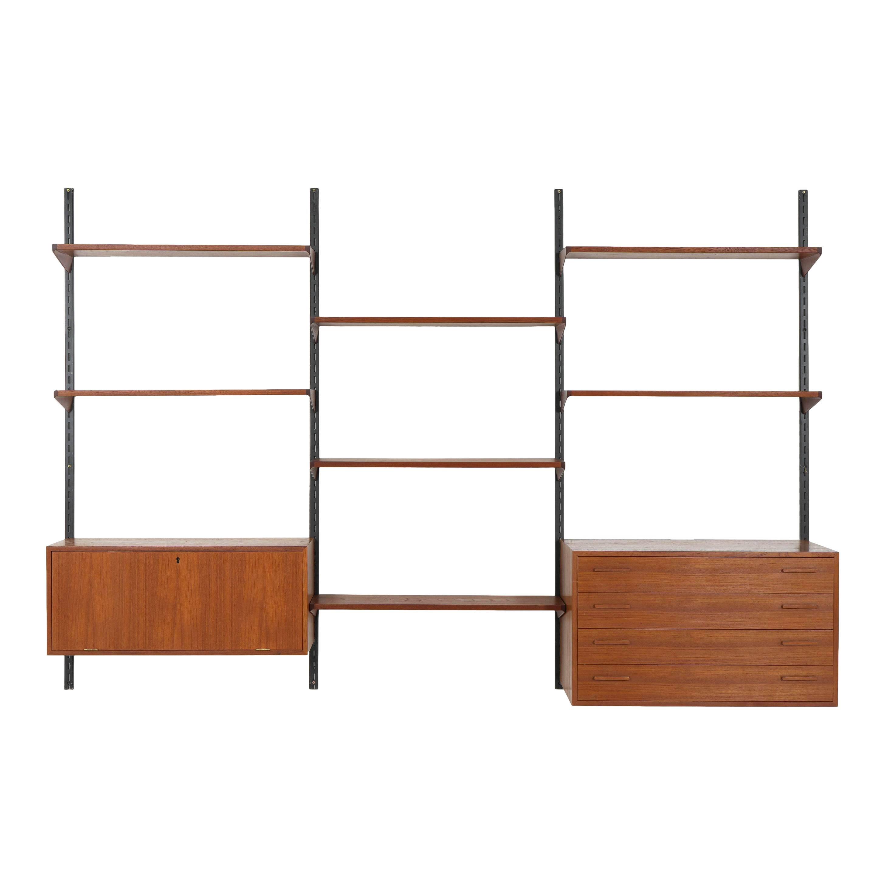Modular shelving Kai Kristiansen, teak veneer, Danish design 1960s