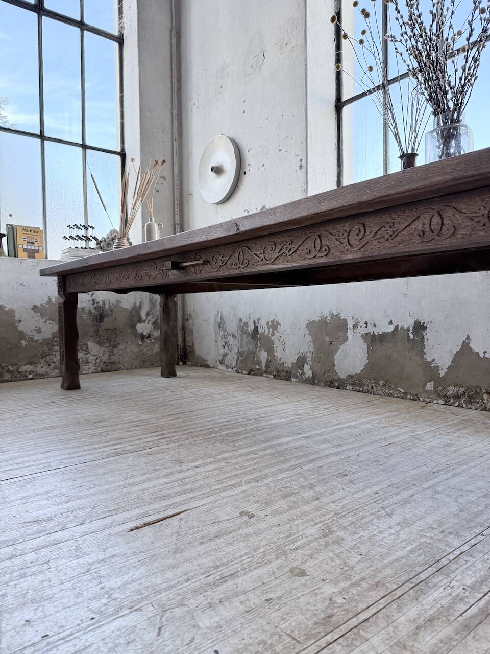 XL farmhouse table in solid oak, brutalist style, 20th century.