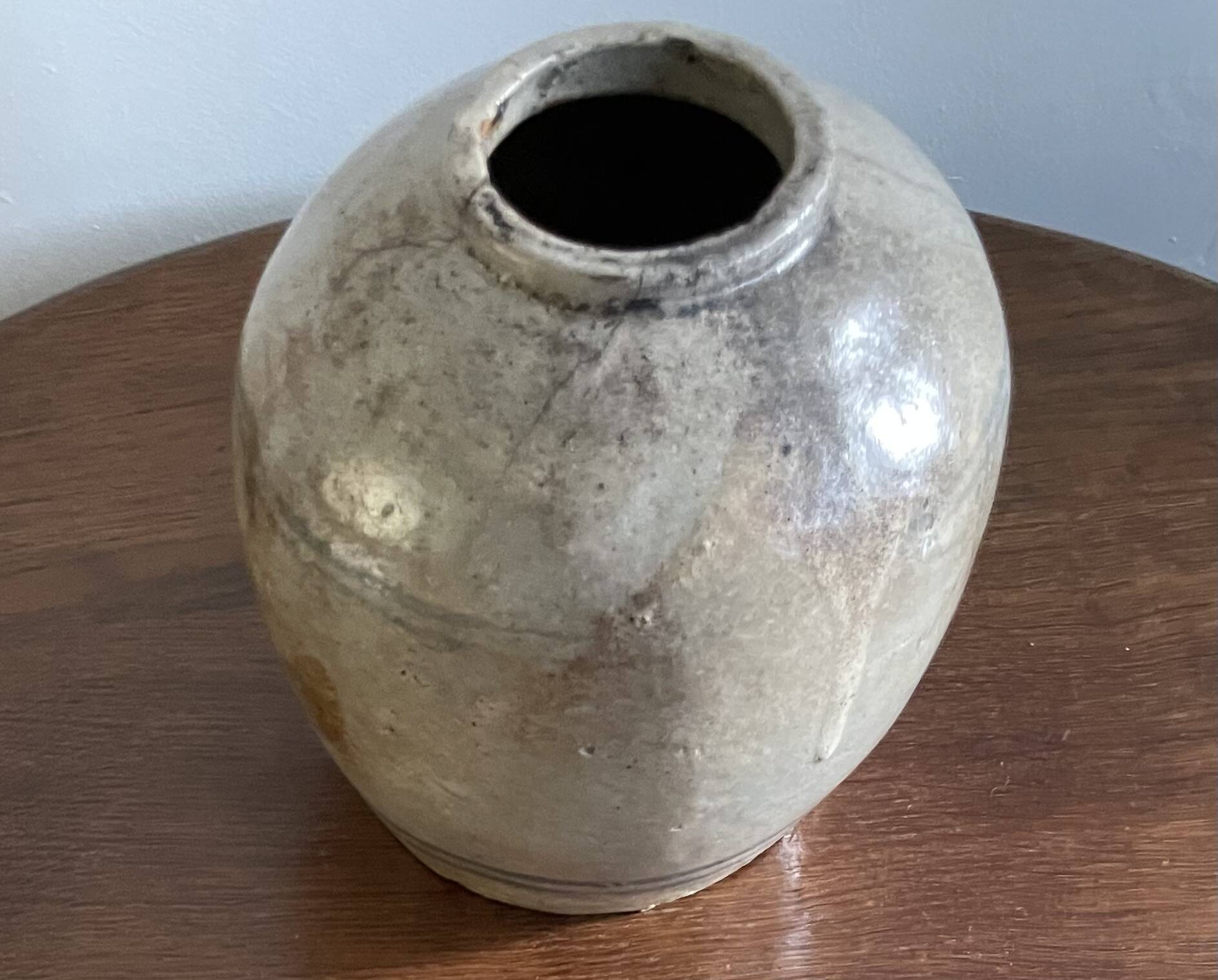 Gray, glazed stoneware ginger jar