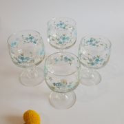 Set of 4 glasses with feet model Véronica Forget-me-nots France vintage
