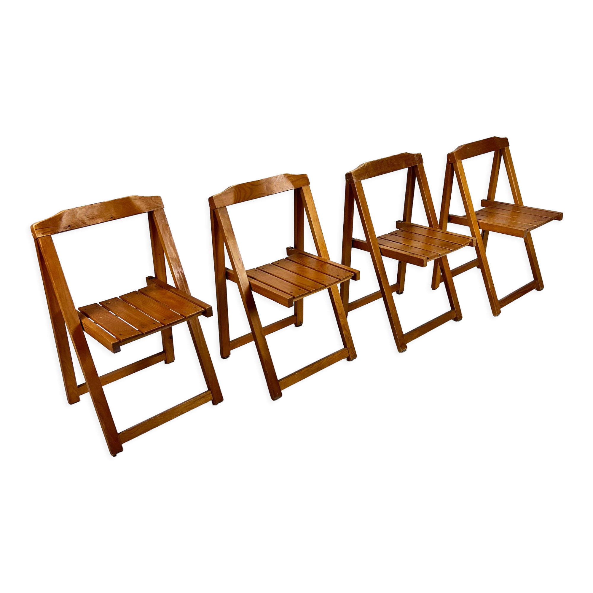 Set of 4 Italian Birchwood Folding Chairs, 1970s