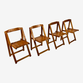 Set of 4 Italian Birchwood Folding Chairs, 1970s