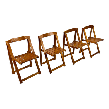 Set of 4 Italian Birchwood Folding Chairs, 1970s