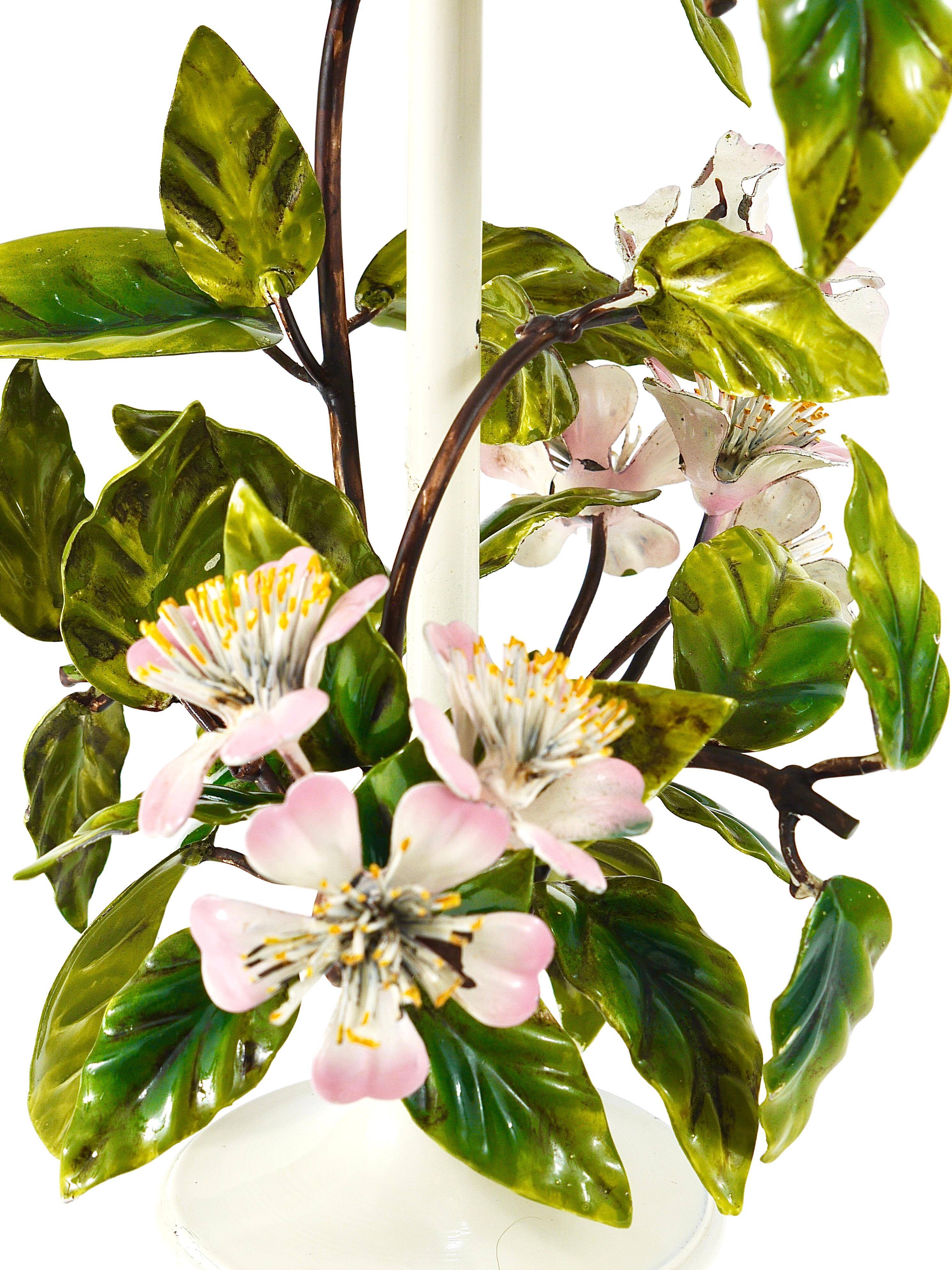 Hand-painted Toleware table lamp with wild apple blossom flowers, Salvadori, Italy, 1950s.