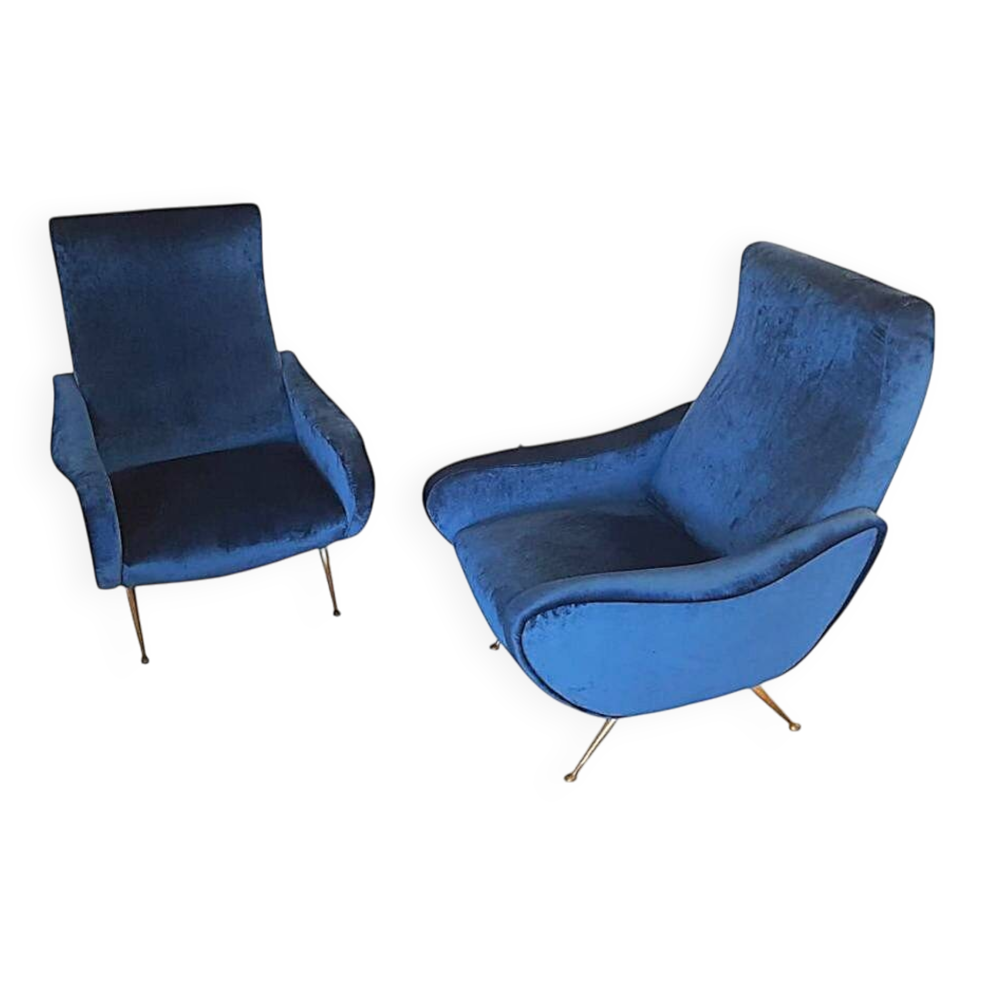 Fauteuils en velours bleu du milieu du siècle, lot de 2