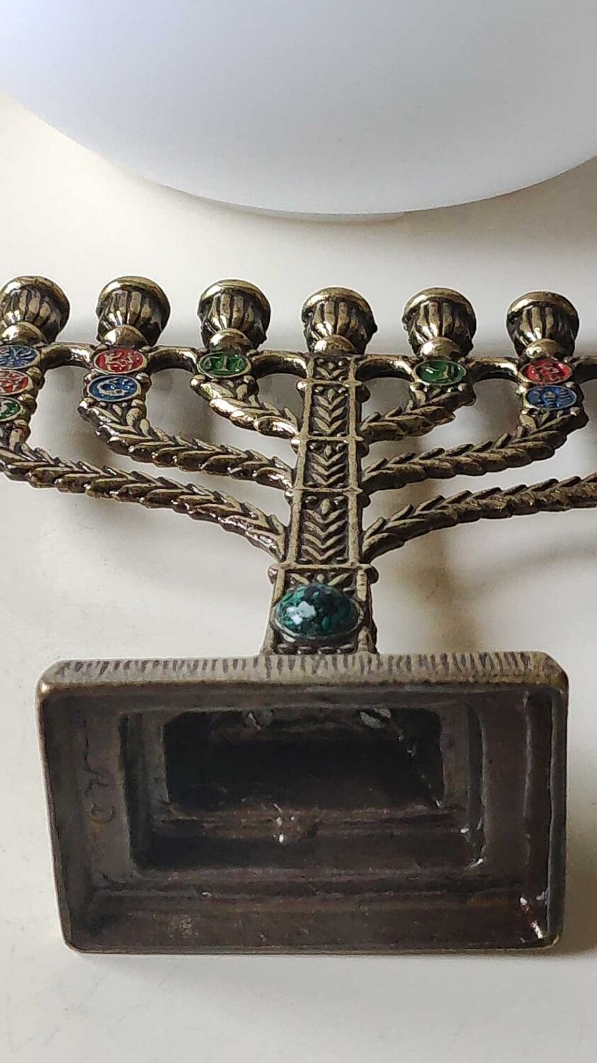 Menorah/Hebrew Candlestick with 7 branches. Astrological signs. Hanukkah. In patinated brass old gold