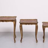 Triptych Florentine Gold and Red Wood Italian nesting Tables, 1960