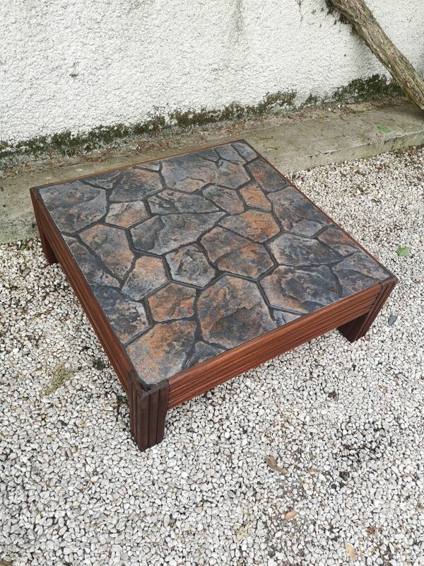 Table basse carrée en chêne et plateau céramique