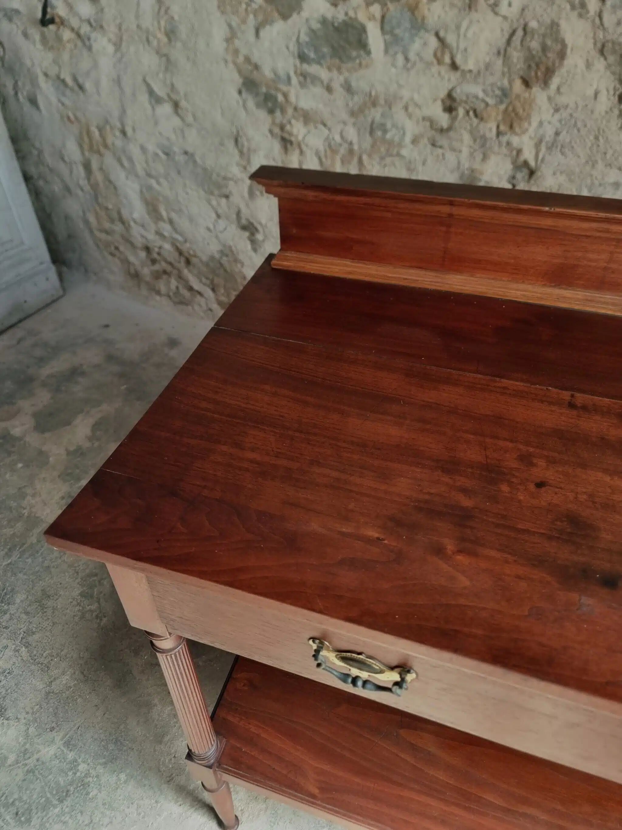 Antique mahogany console with drawer and shelf, French serving table, circa 1900.