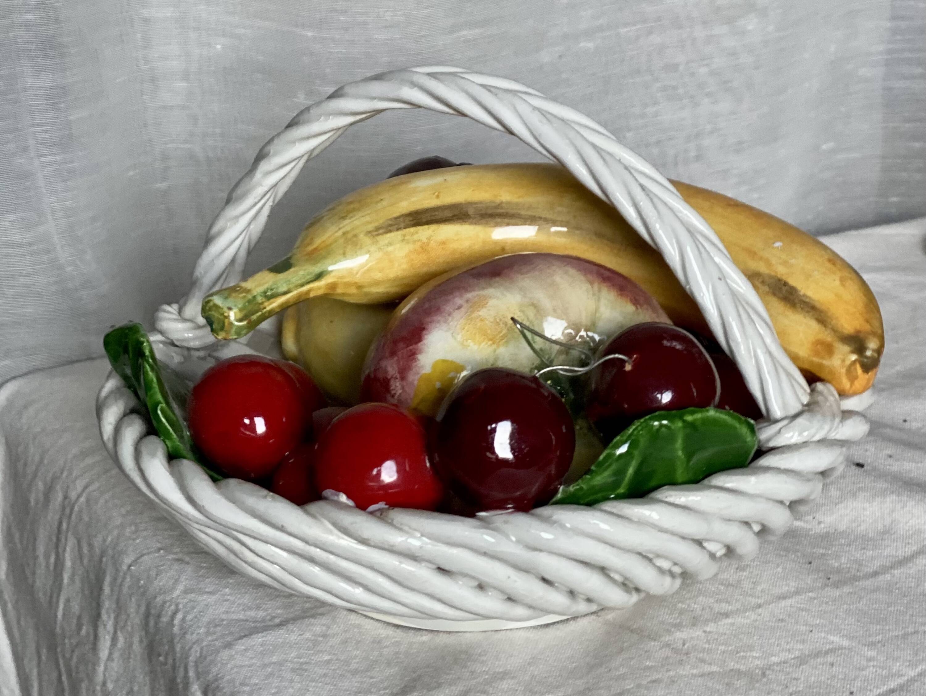 Vintage 1960s Trompe-l'Œil Fruit Basket in Woven Ceramic with Slipware
