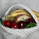 Vintage 1960s Trompe-l'Œil Fruit Basket in Woven Ceramic with Slipware