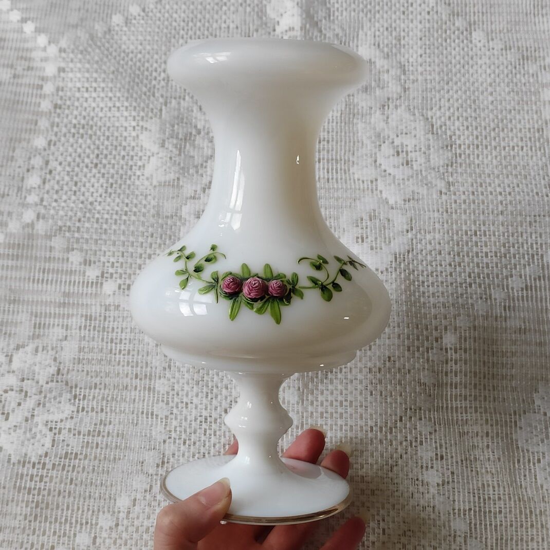 White opaline vase decorated with roses