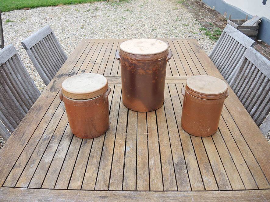 3 Old Grease Pots with Lids in Brown Glazed Stoneware