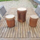 3 Old Grease Pots with Lids in Brown Glazed Stoneware