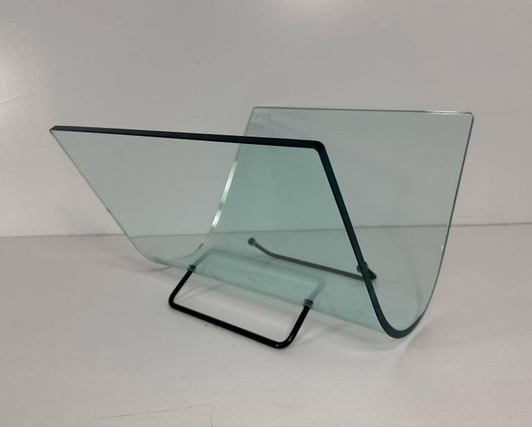 Italian Curved Glass and Metal Magazine Holder, FIAM, 1980s