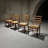 Set of 4 Dutch Oak and Rush Dining Chairs, 1950s