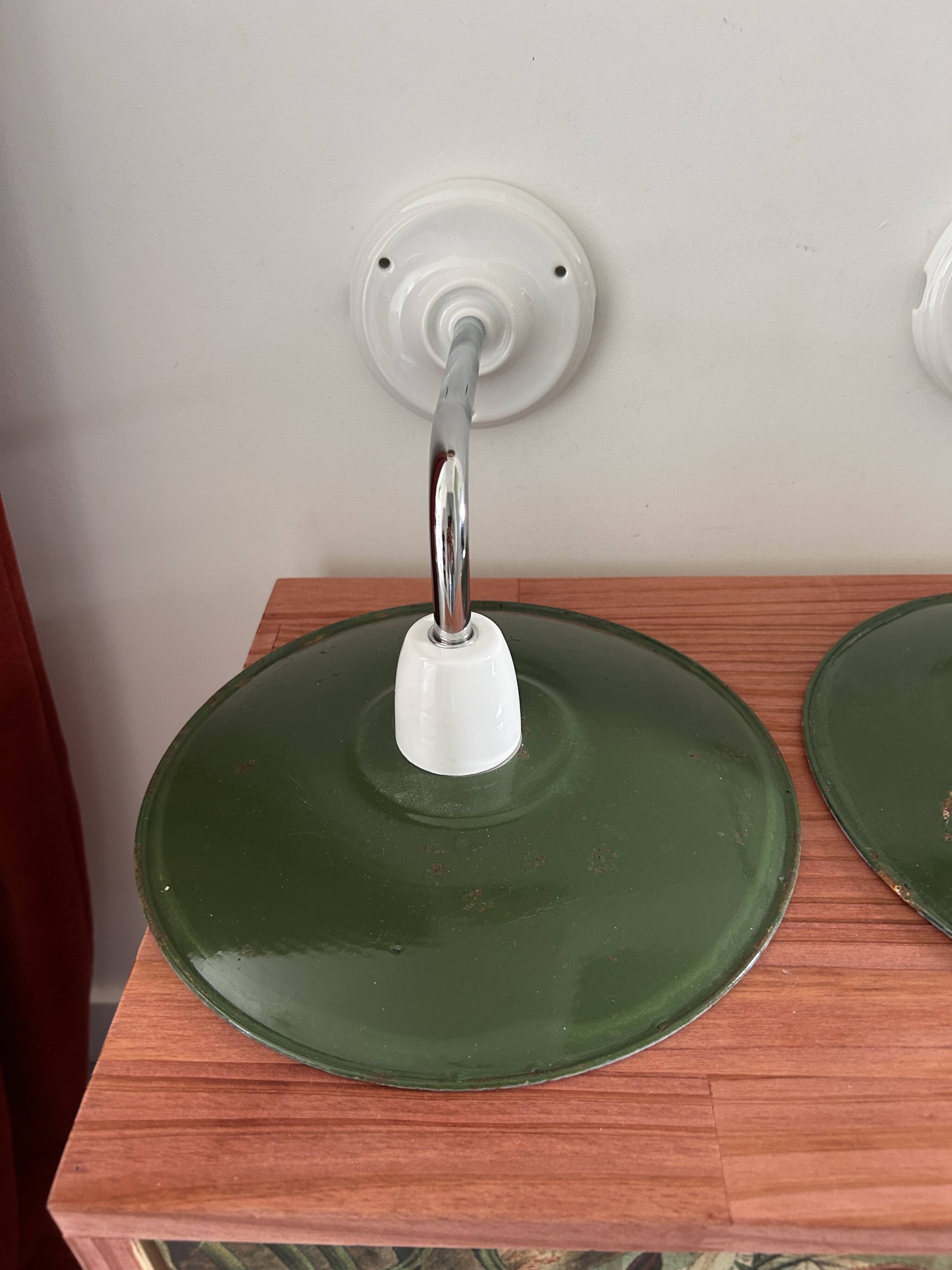 Pair of wall lights in green enameled sheet metal