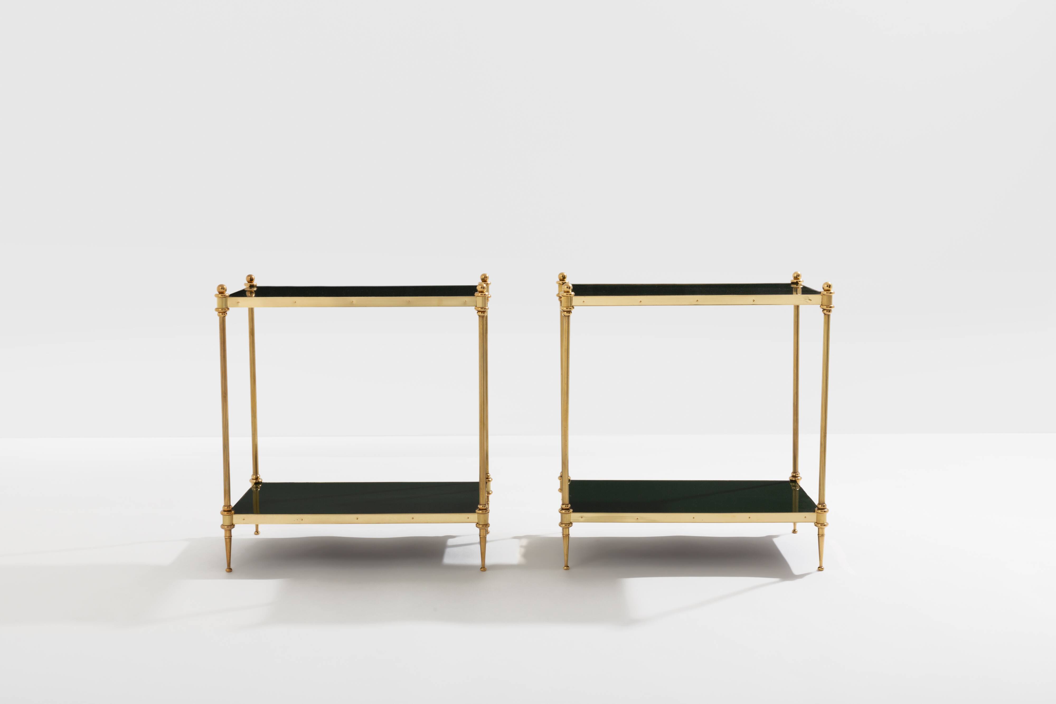 Pair of neoclassical lacquered brass side tables by Maison Jansen, 1970