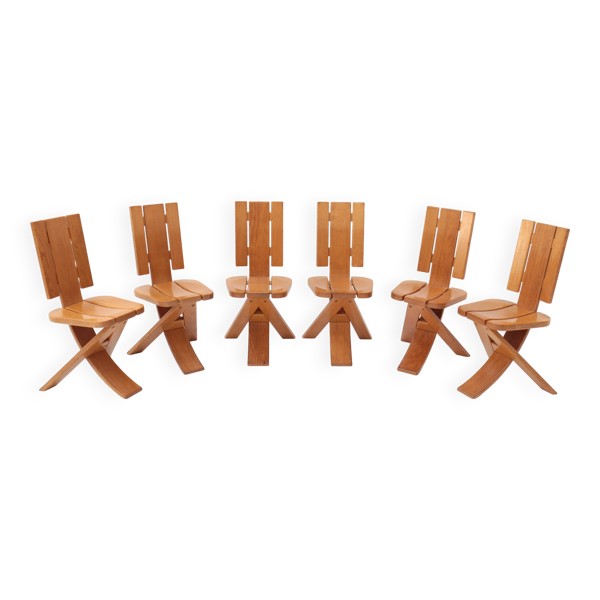 Série de 6 chaises tripodes, Ebénisterie Seltz, France, années 70