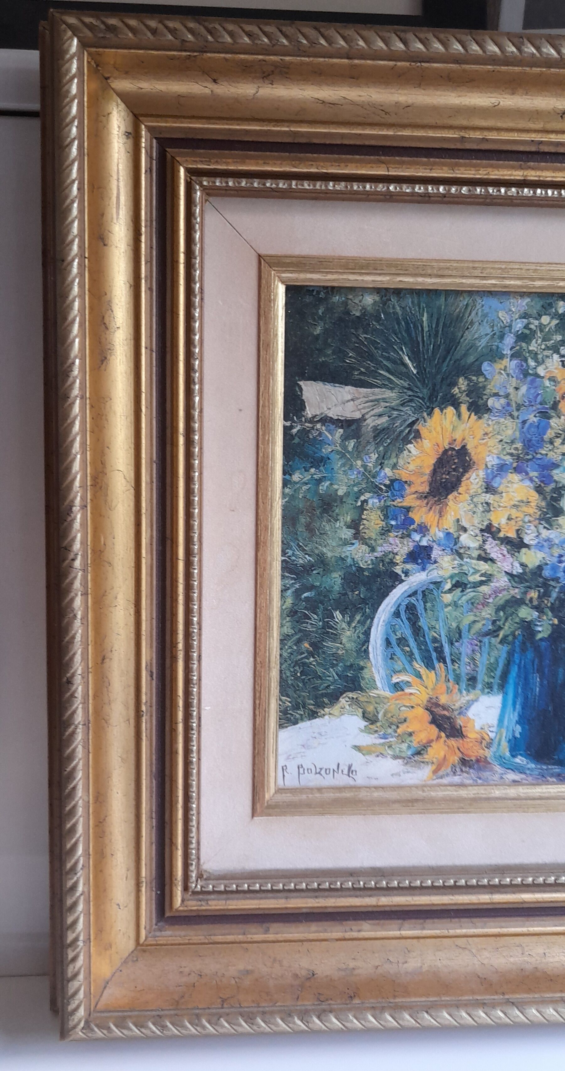 Original sunflower canvas signed by the French painter Roger Bolzonello 39 cm x 33 cm