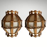 Set of 2 Danish large wood veneer and fabric wall sconces, 1970s