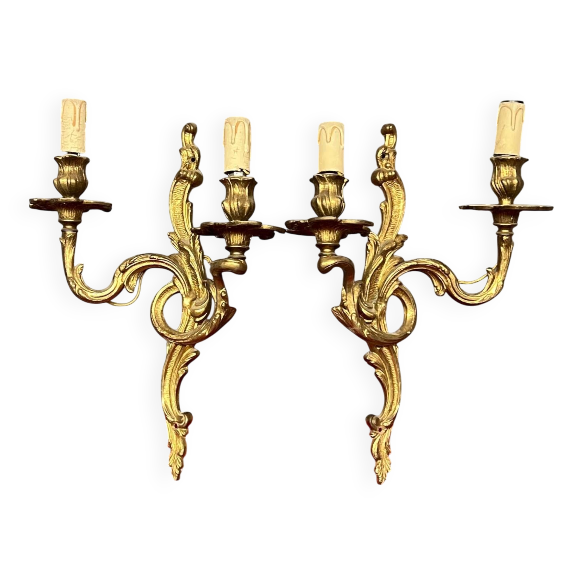 Pair of Rococo gilded solid bronze wall lights.