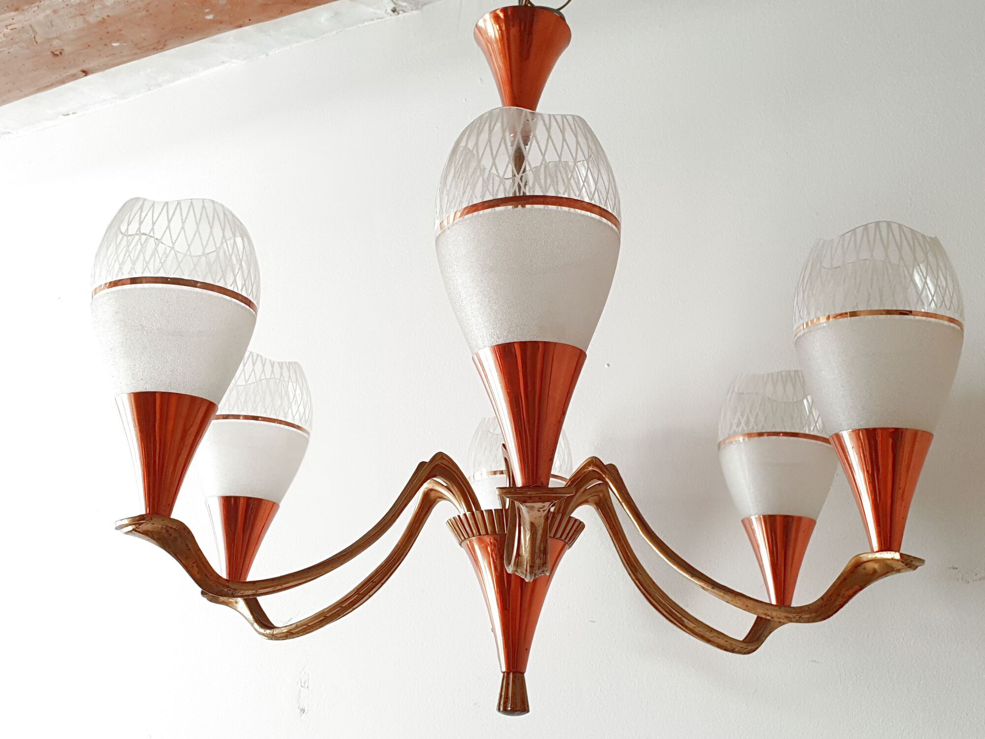 Lustre 1950 en laiton et cuivre vintage