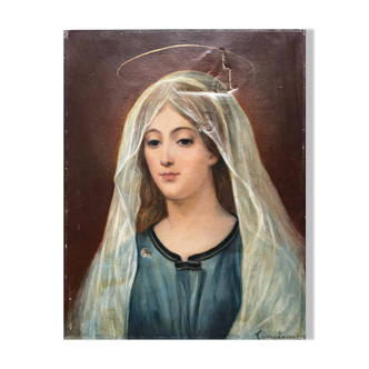 HST painting Madonna Holy Virgin late 19th century signed Chiery for restoration