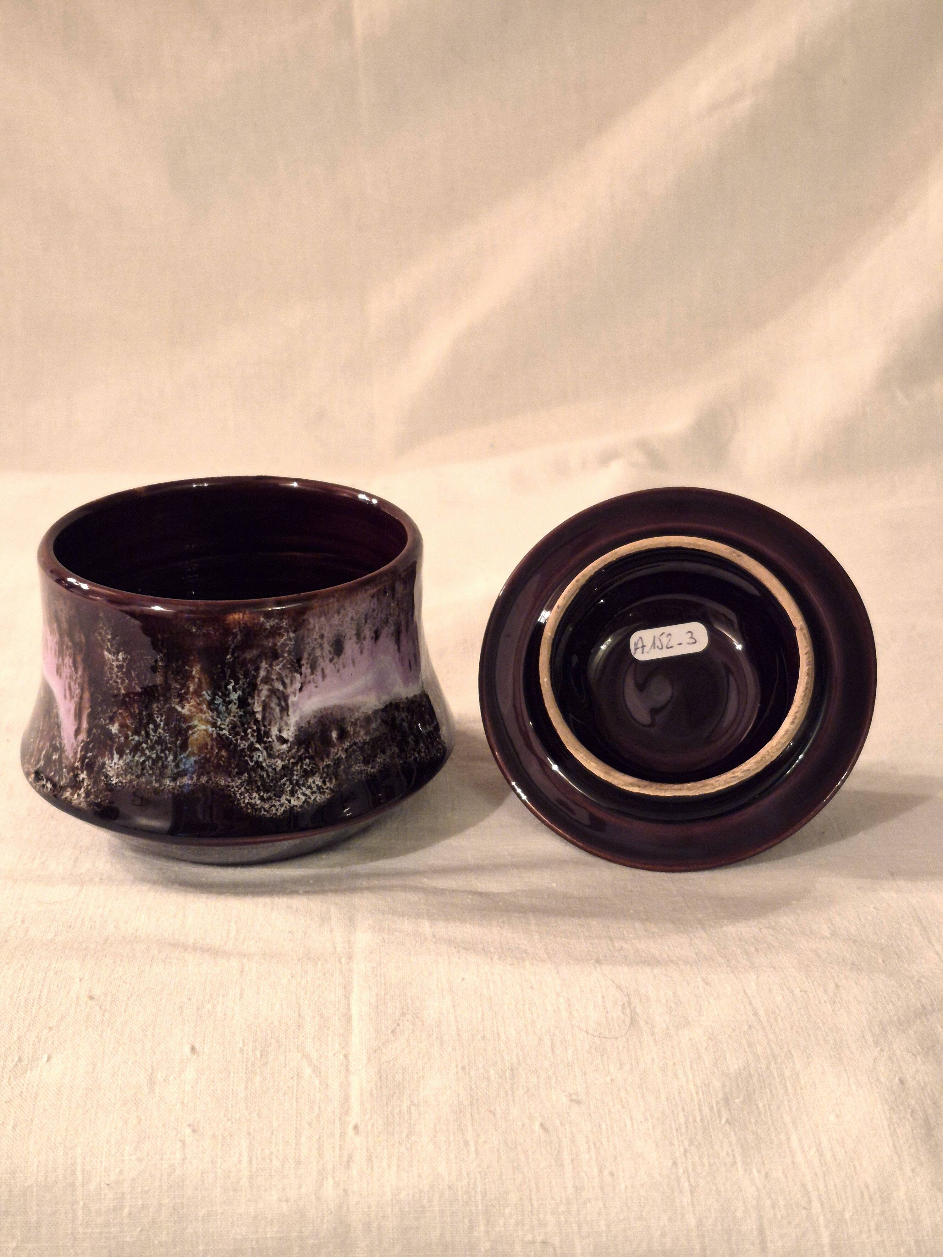 Covered sugar bowl Vallauris glazed ceramic brown old pink A152-3