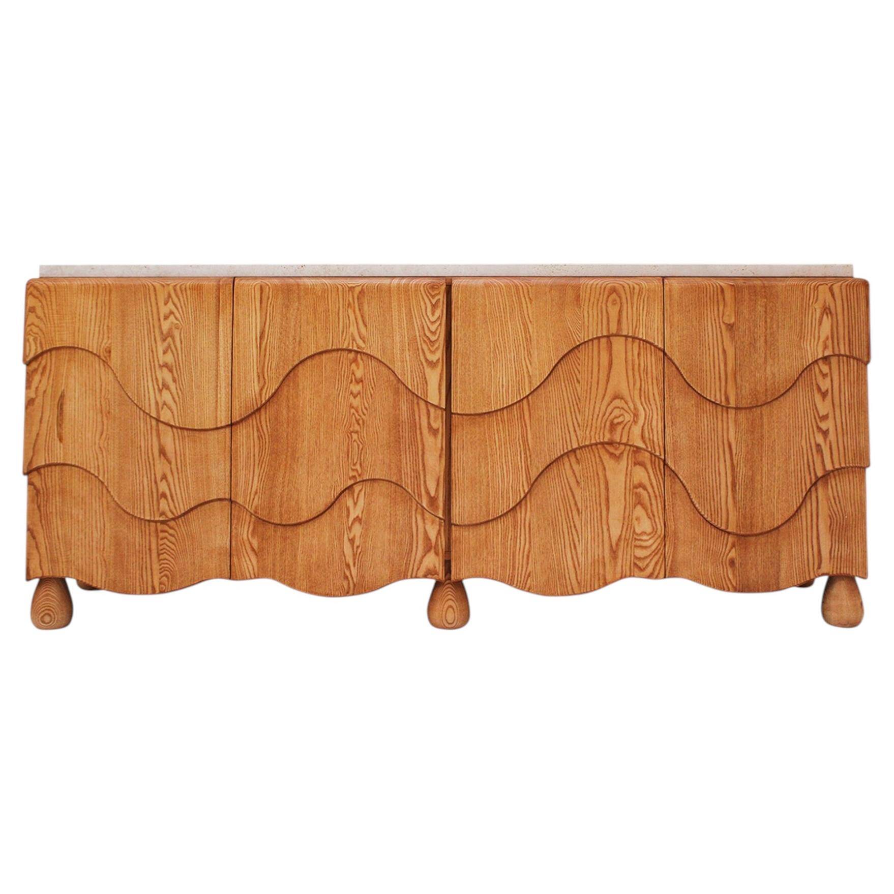 Contemporary Handcrafted Oak Solid Wood And Travertine Italian Sideboard