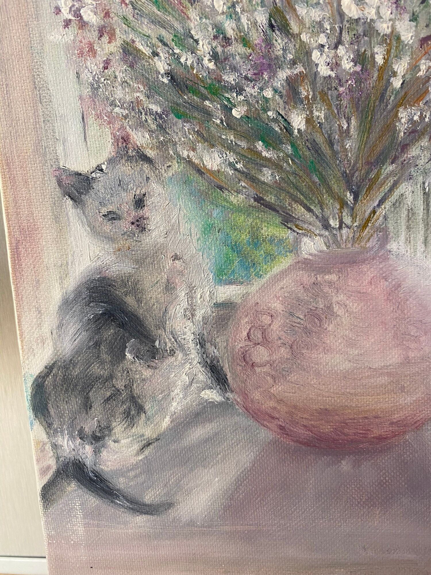 Old painting, still life with bouquet of flower and cat 80s