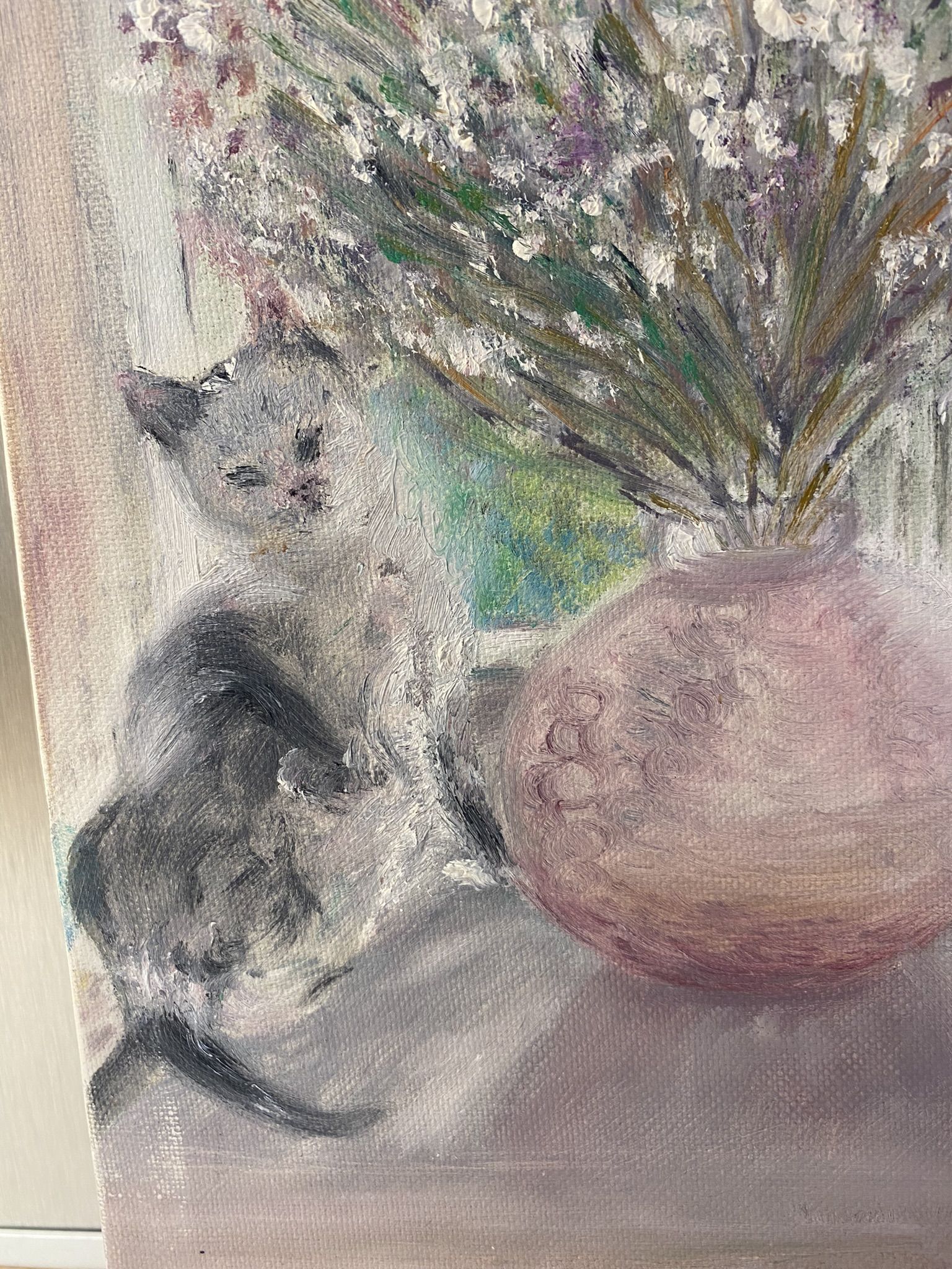 Old painting, still life with bouquet of flower and cat 80s